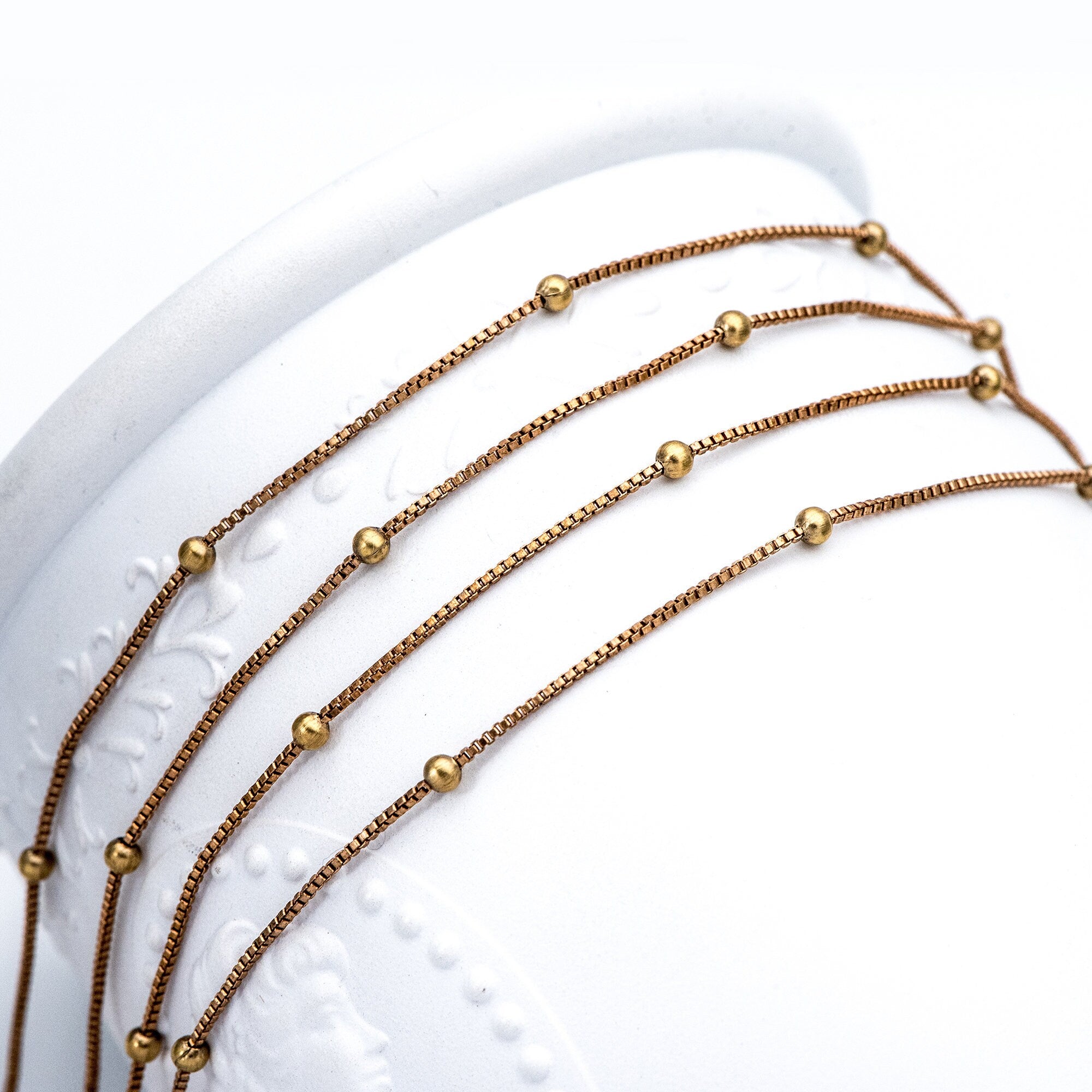 Dainty Raw Brass Beaded Box Chains, 0.9mm Box Chain with 2.5mm Round Ball Beads, Tiny Necklace Chain Wholesale (#LK-261-RB)/ 1 Meter=3.3 ft